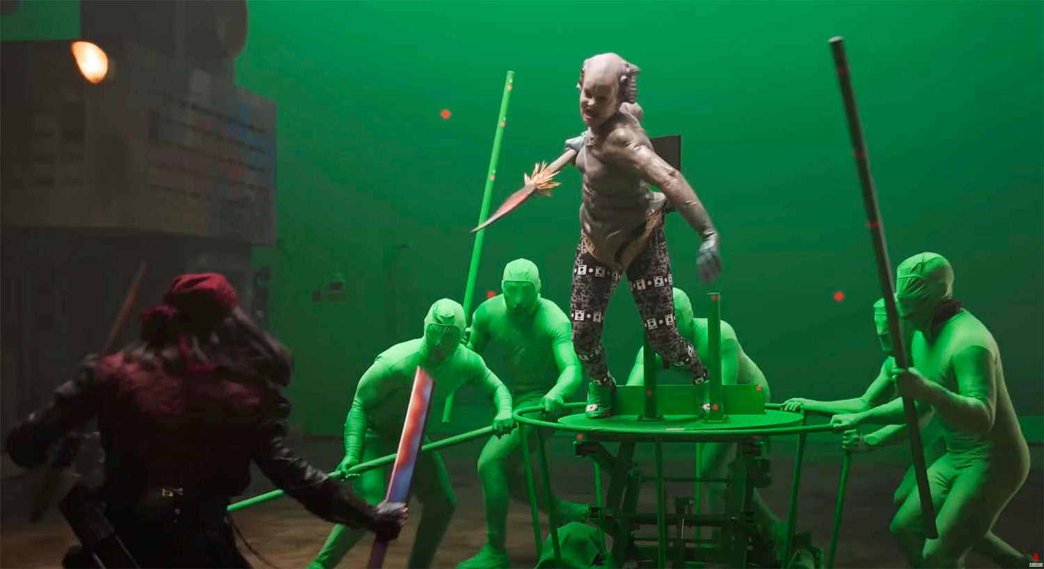 Rebel Moon Behind the Scenes in Green Screen Suits 