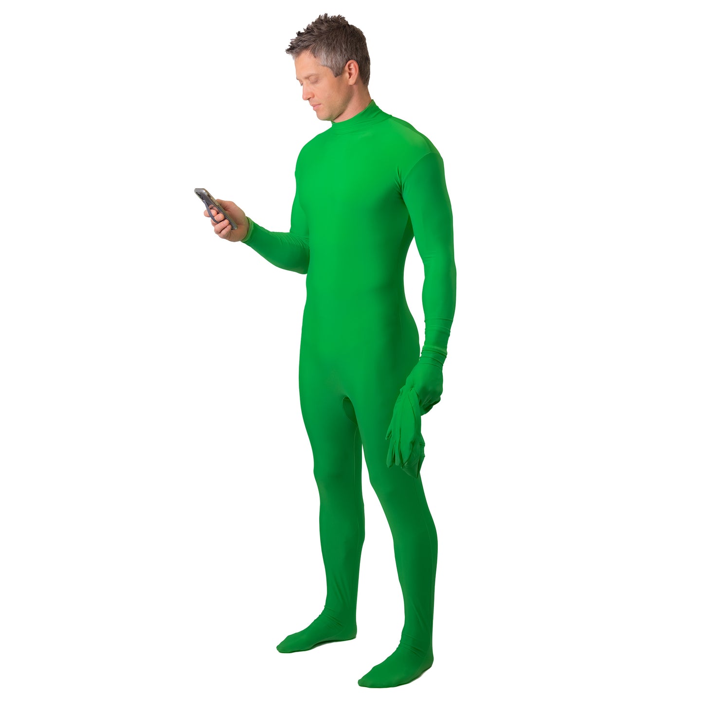 chroma key green screen suit hood and gloves off