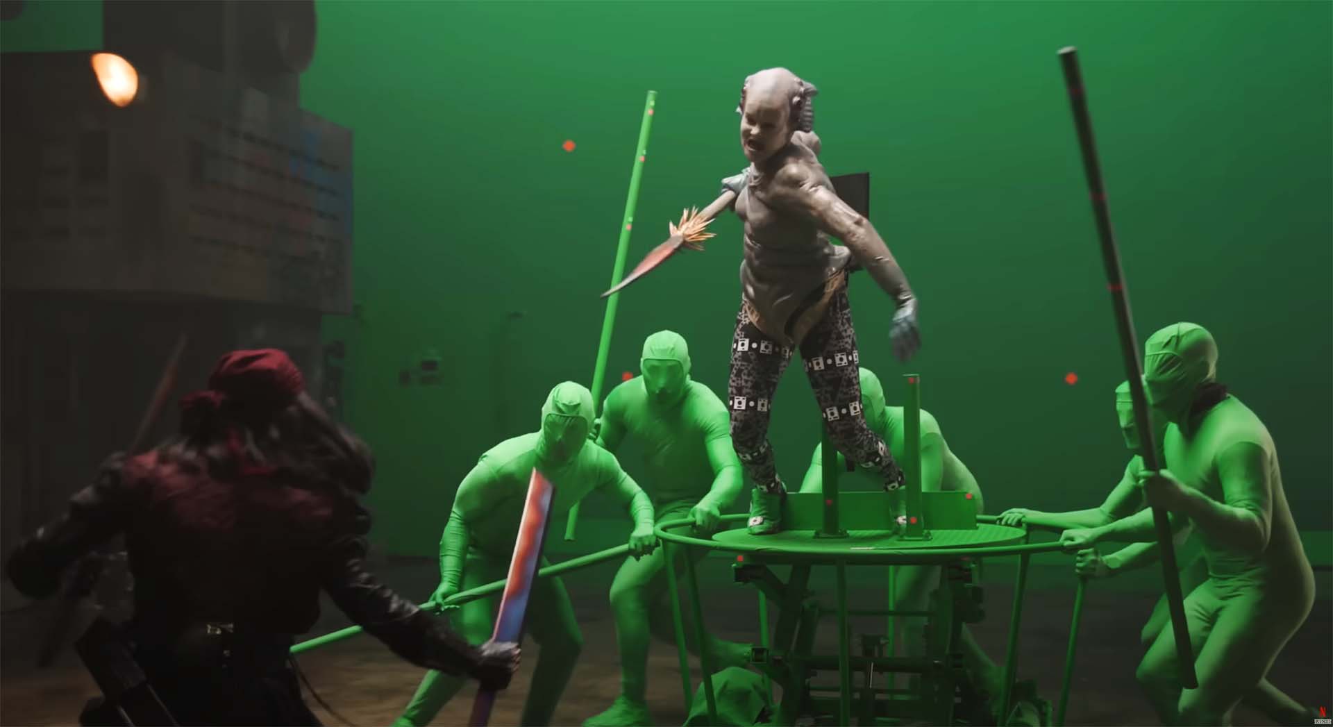 Rebel Moon Behind the Scenes in Green Screen Suits 